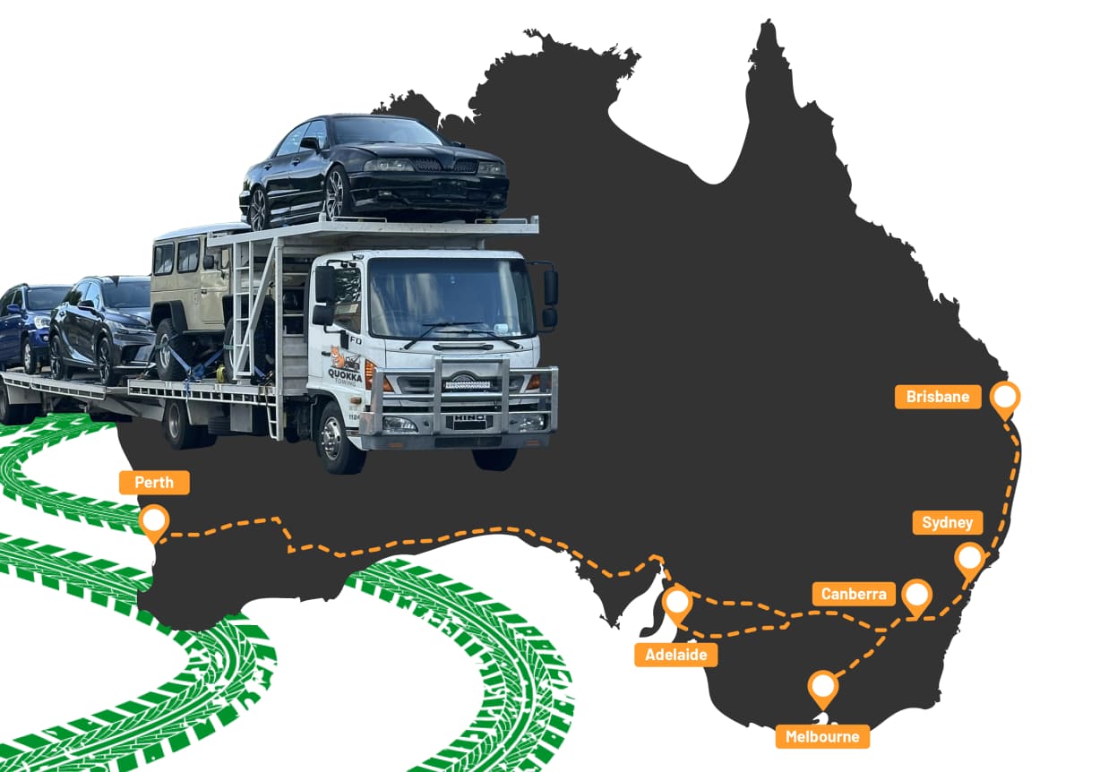 Illustration of interstate car transport with a truck carrying multiple vehicles, showing routes across Australia connecting Perth, Adelaide, Melbourne, Canberra, Sydney, and Brisbane.